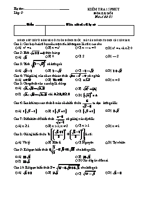 Kiểm tra 15 phút môn Đại số khối 9 - Mã số đề 01